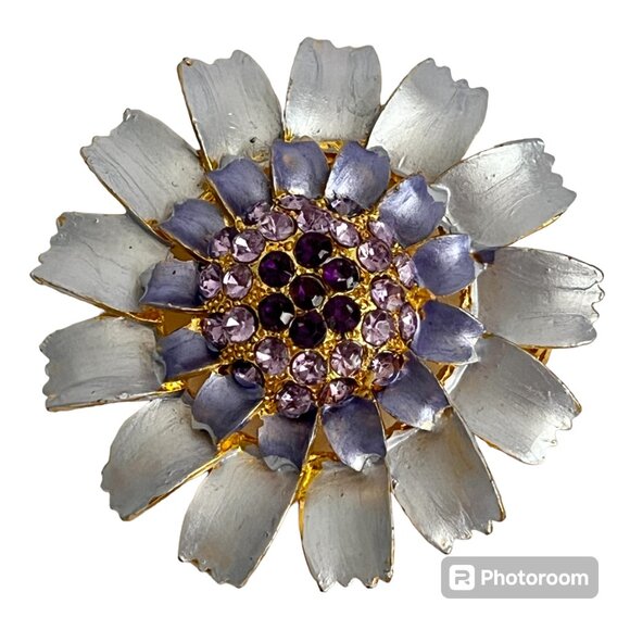 Vintage Flower Power Pin Brooch Lilac Purple Crystal Rhinestone Enamel Gold Tone - Picture 1 of 14